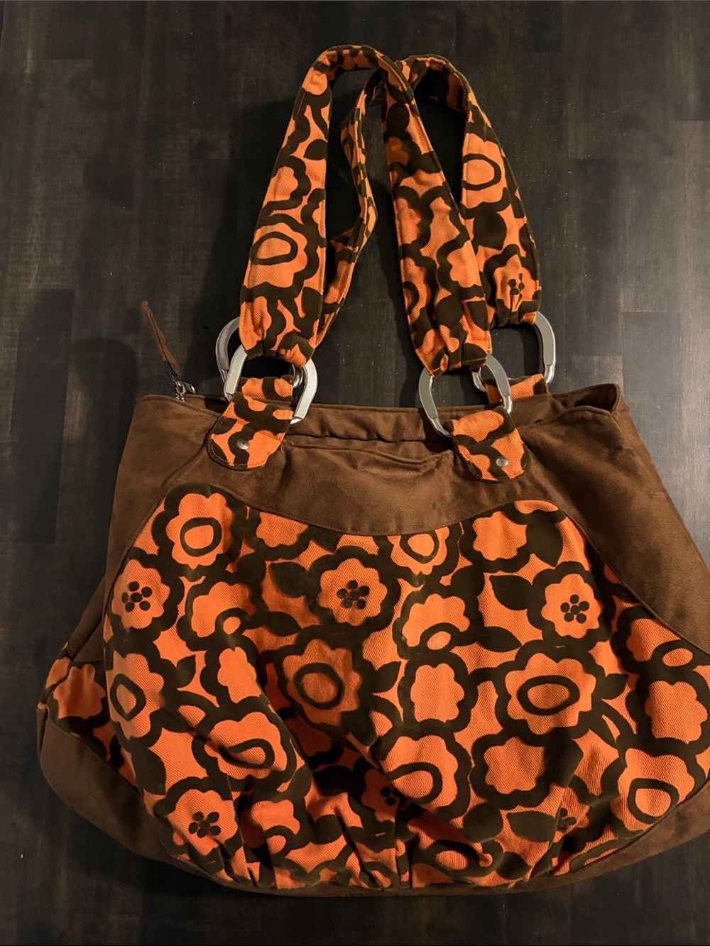 Lisa Lill Studio Brown & Orange Y2K Floral Zip Top Large Tote Bag Bratz Doll